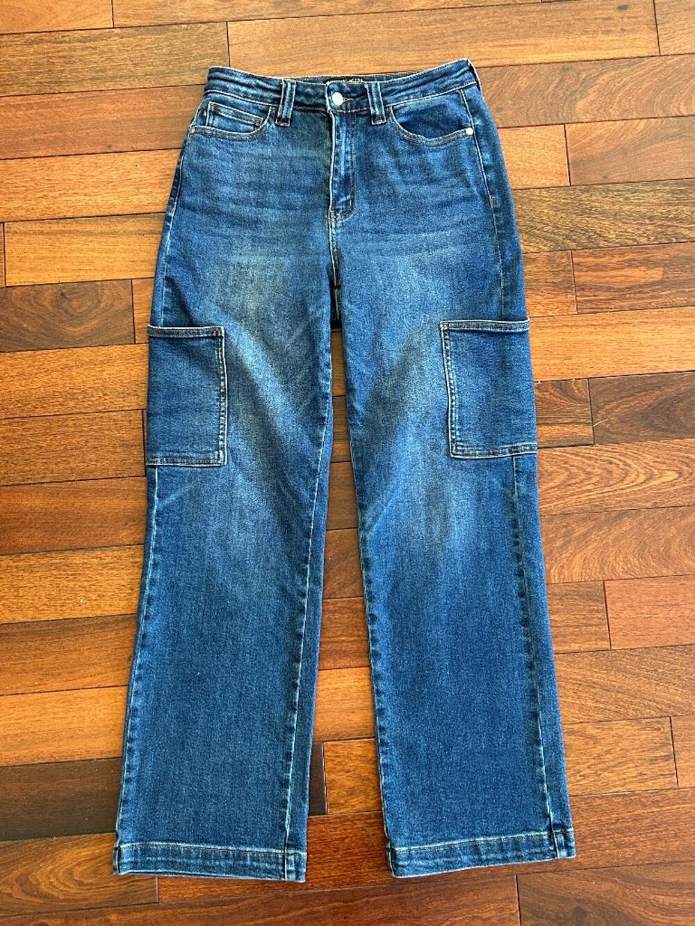 Judy Blue Jeans Womens 7/28 Wide Leg Cargo High Rise Dark Wash Stretch Denim